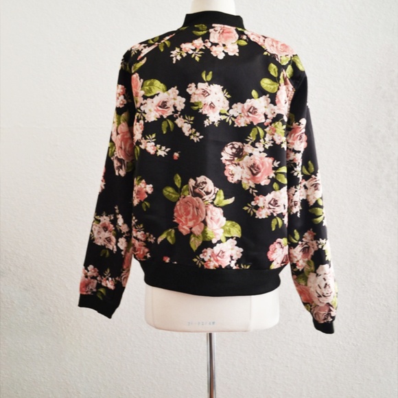 Black Rose Floral Satin Bomber Jacket - Picture 6 of 7